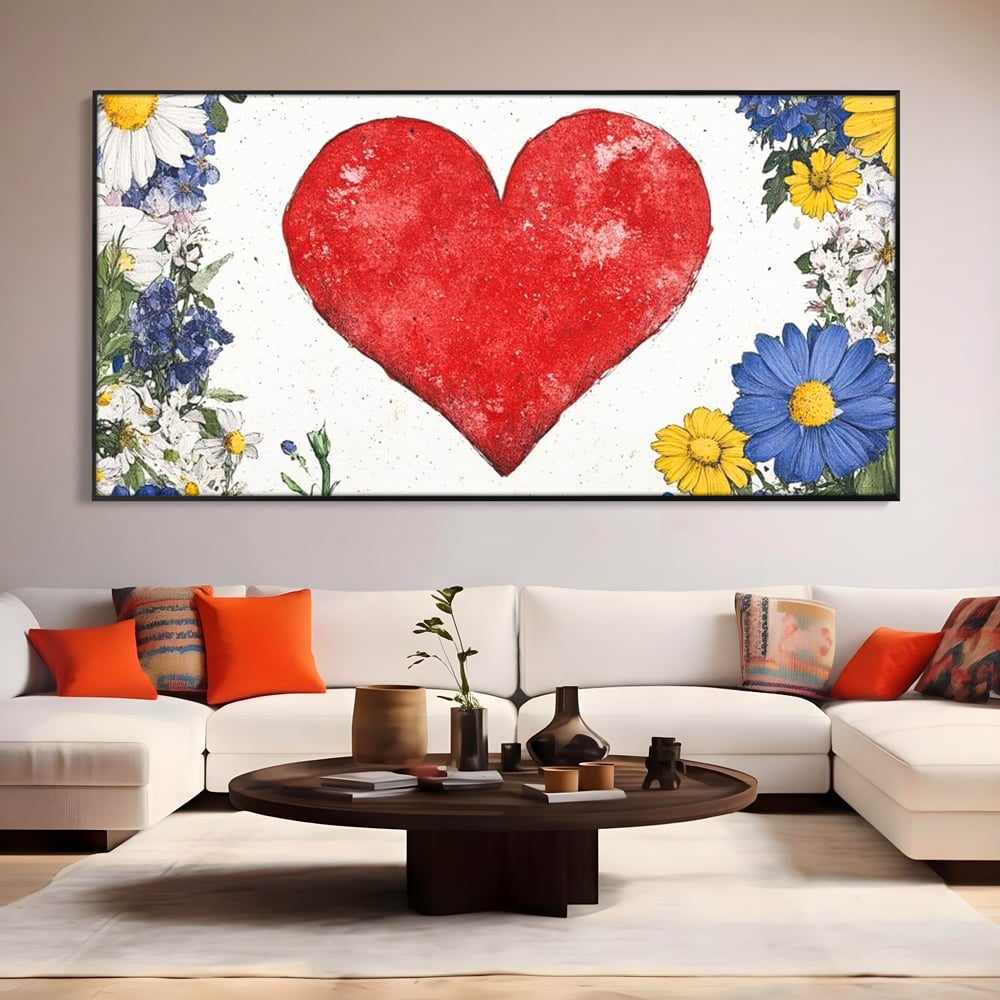 Tablou canvas cu tablou canvas cu inima rosie si flori, in rama de aluminiu negru, pe perete intr-un living