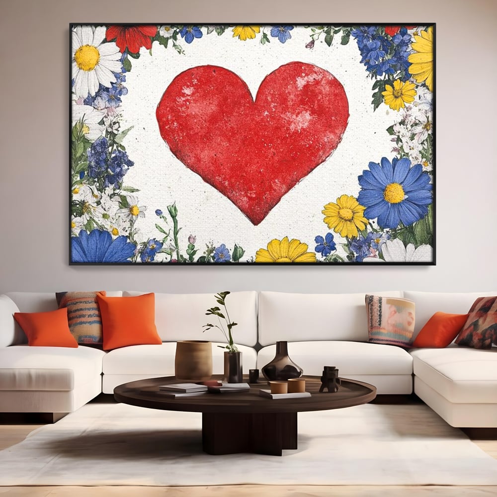 Tablou canvas cu tablou canvas cu inima rosie si flori, in rama de aluminiu negru, pe perete intr-un living