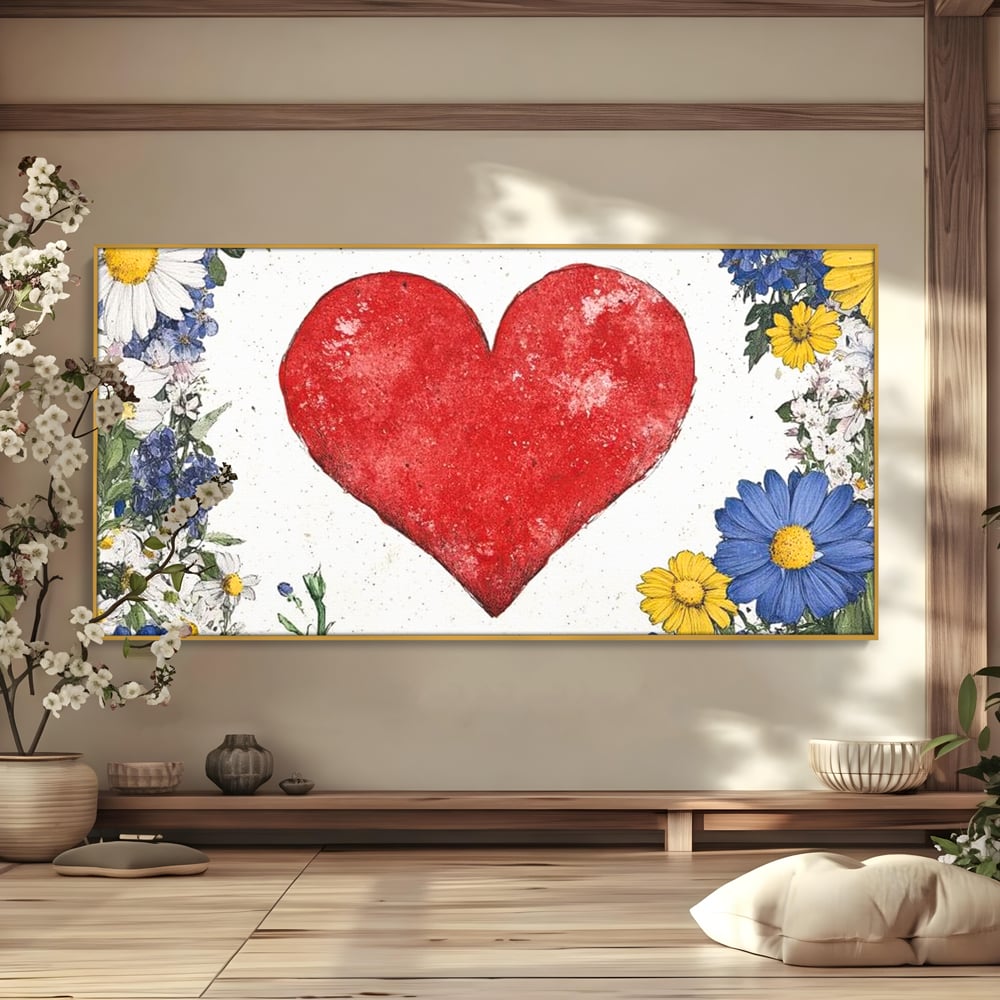 Tablou canvas cu tablou canvas cu inima rosie si flori, in rama de aluminiu auriu