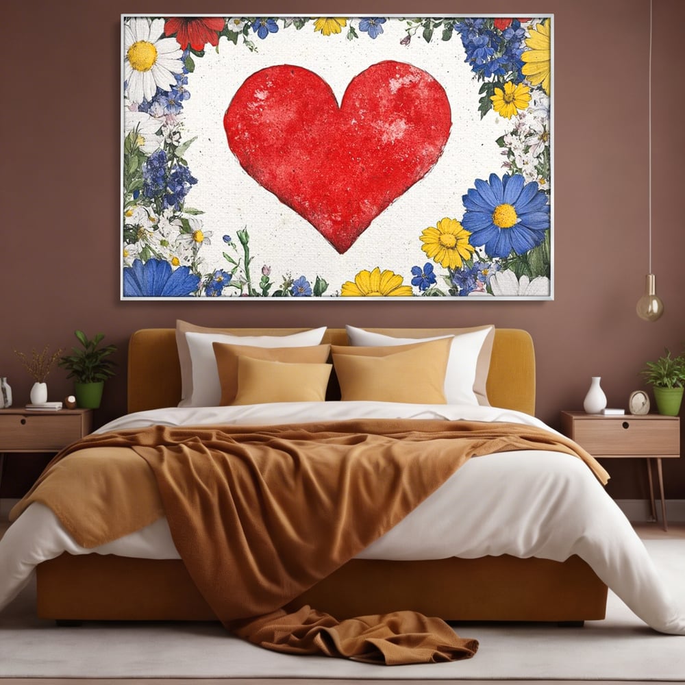 Tablou canvas cu tablou canvas cu inima rosie si flori, in rama de aluminiu argintiu, pe perete intr-un dormitor