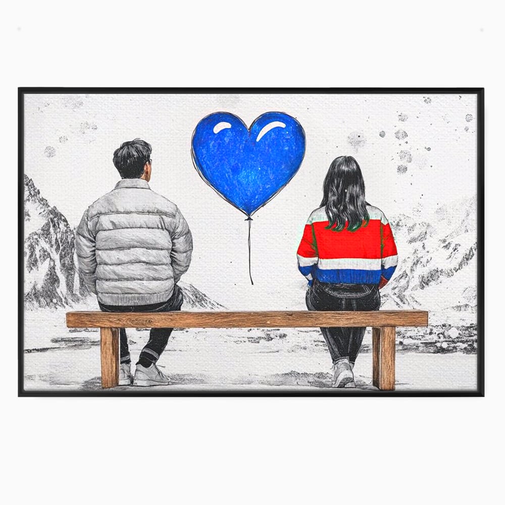 Tablou canvas cu ilustratie cu doi tineri pe banca, in rama de aluminiu negru