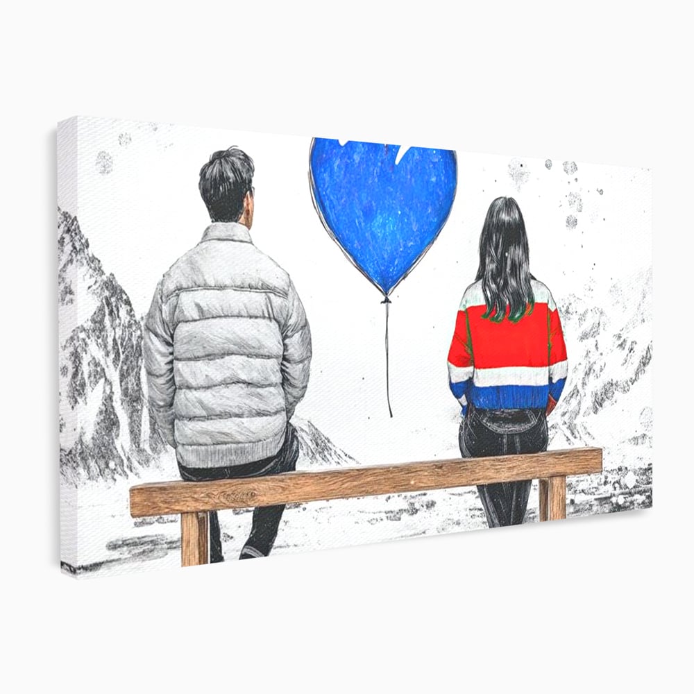 Tablou canvas cu ilustratie cu doi tineri pe banca, fara rama, pe sasiu de lemn
