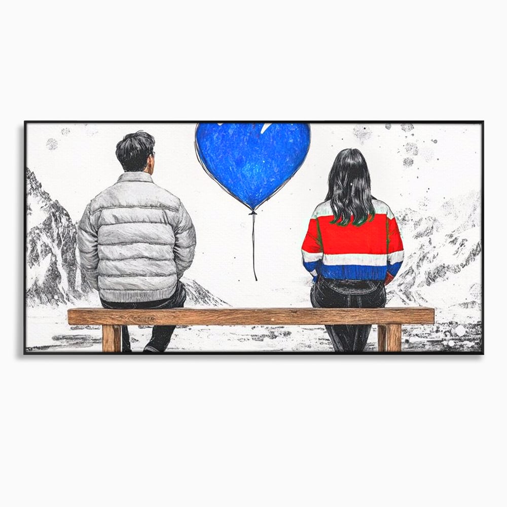 Tablou canvas cu ilustratie cu doi tineri pe banca, in rama de aluminiu negru