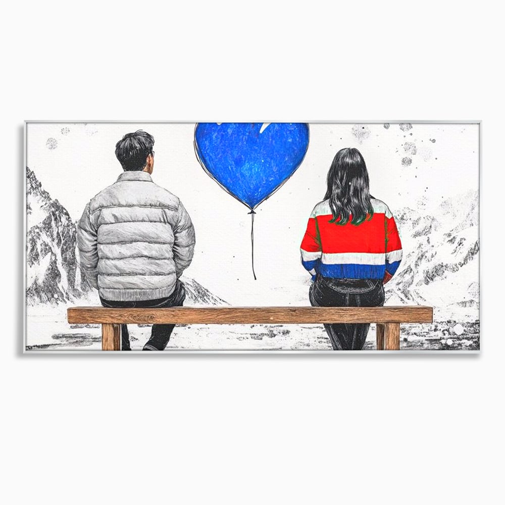 Tablou canvas cu ilustratie cu doi tineri pe banca, in rama de aluminiu argintiu