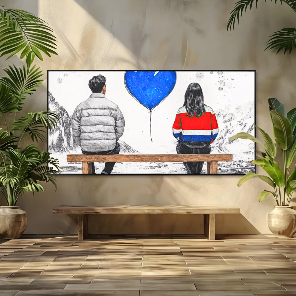 Tablou canvas cu ilustratie cu doi tineri pe banca, in rama de aluminiu negru