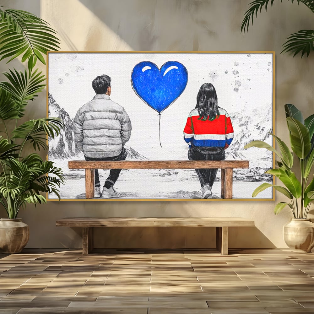 Tablou canvas cu ilustratie cu doi tineri pe banca, in rama de aluminiu auriu