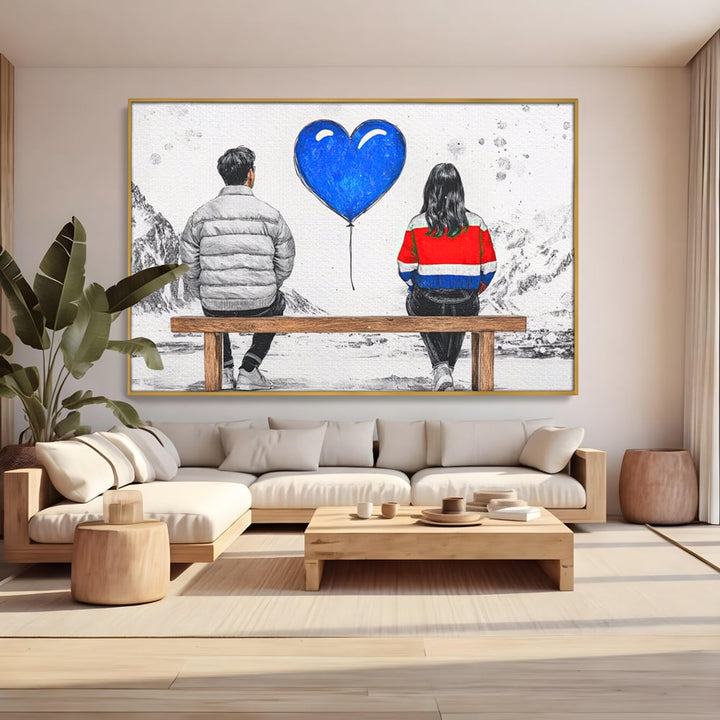 Tablou canvas cu ilustratie cu doi tineri pe banca, in rama de aluminiu auriu, pe perete intr-un living