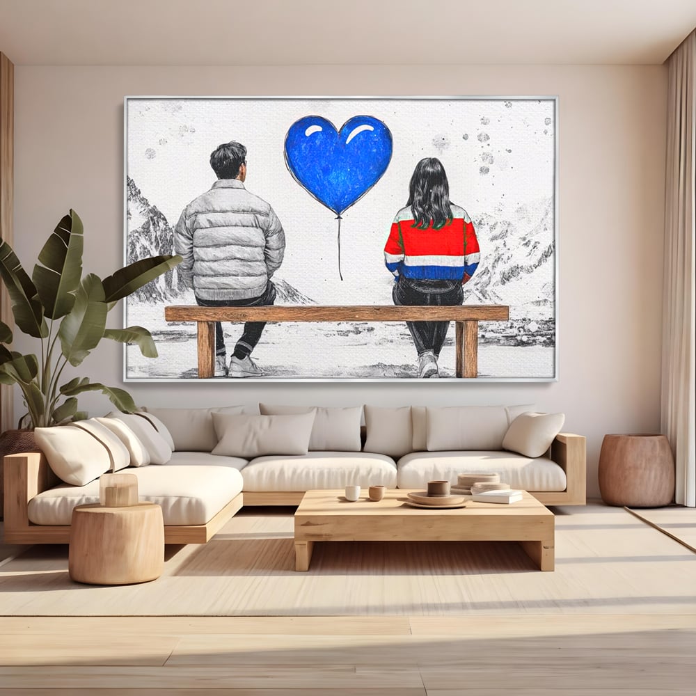 Tablou canvas cu ilustratie cu doi tineri pe banca, in rama de aluminiu argintiu, pe perete intr-un living