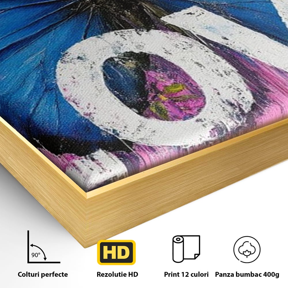 Detaliu al suprafetei: tablou canvas cu fluture albastru, in rama de aluminiu auriu