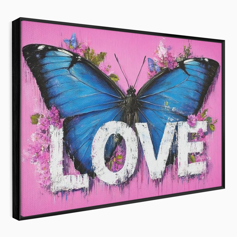 Tablou canvas cu tablou canvas cu fluture albastru, in rama de aluminiu negru