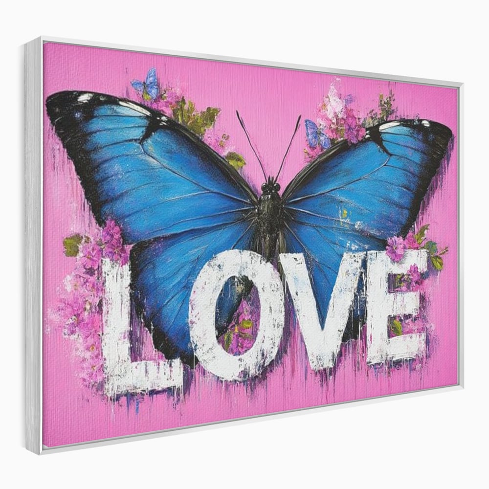 Tablou canvas cu tablou canvas cu fluture albastru, in rama de aluminiu argintiu