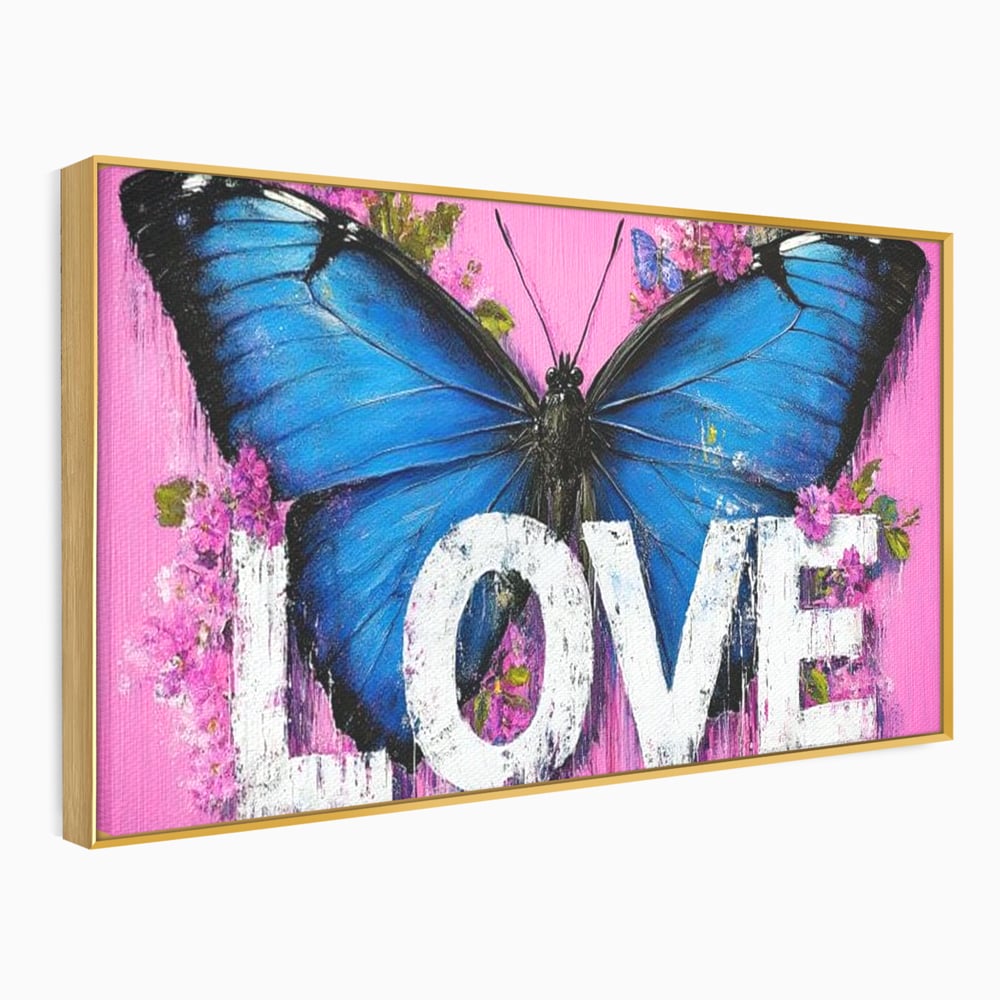Tablou canvas cu tablou canvas cu fluture albastru, in rama de aluminiu auriu