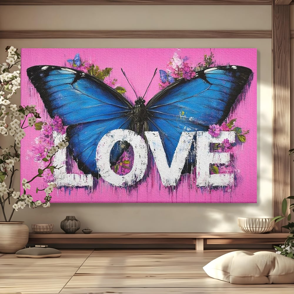 Tablou canvas cu tablou canvas cu fluture albastru, fara rama, pe sasiu de lemn
