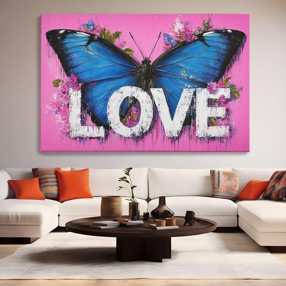 Tablou canvas cu tablou canvas cu fluture albastru, fara rama, pe sasiu de lemn, pe perete intr-un living