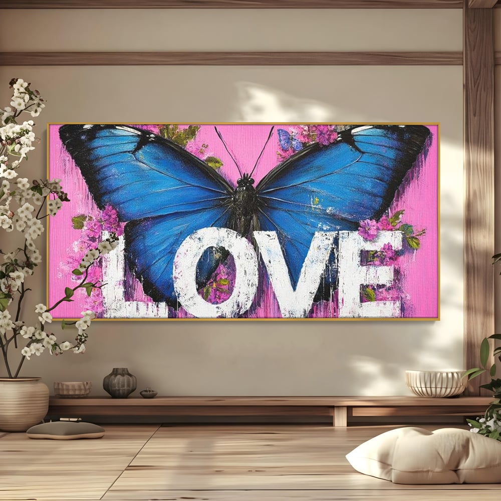 Tablou canvas cu tablou canvas cu fluture albastru, in rama de aluminiu auriu
