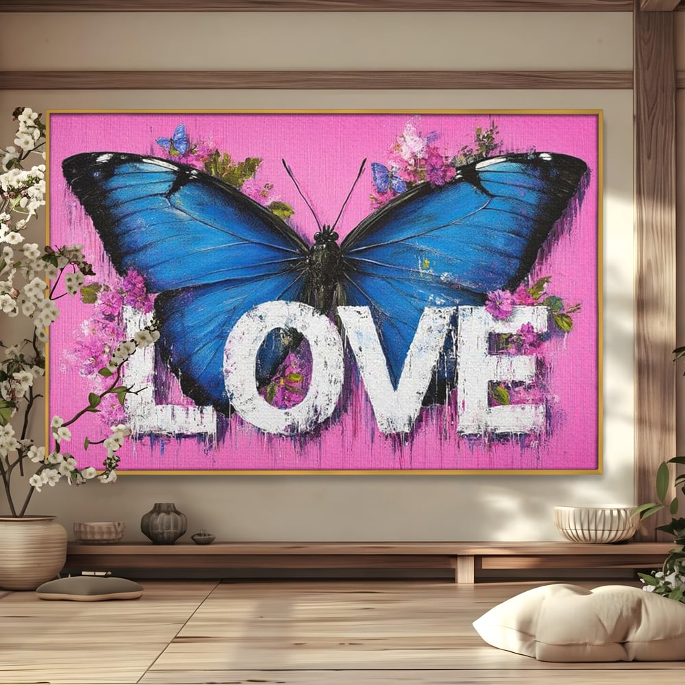 Tablou canvas cu tablou canvas cu fluture albastru, in rama de aluminiu auriu
