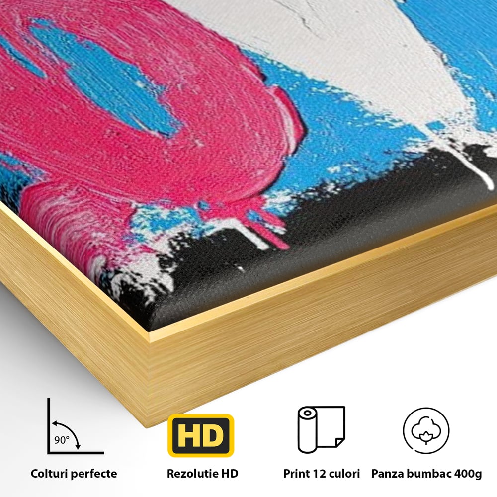 Detaliu al suprafetei: tablou canvas cu mesajul love, in rama de aluminiu auriu