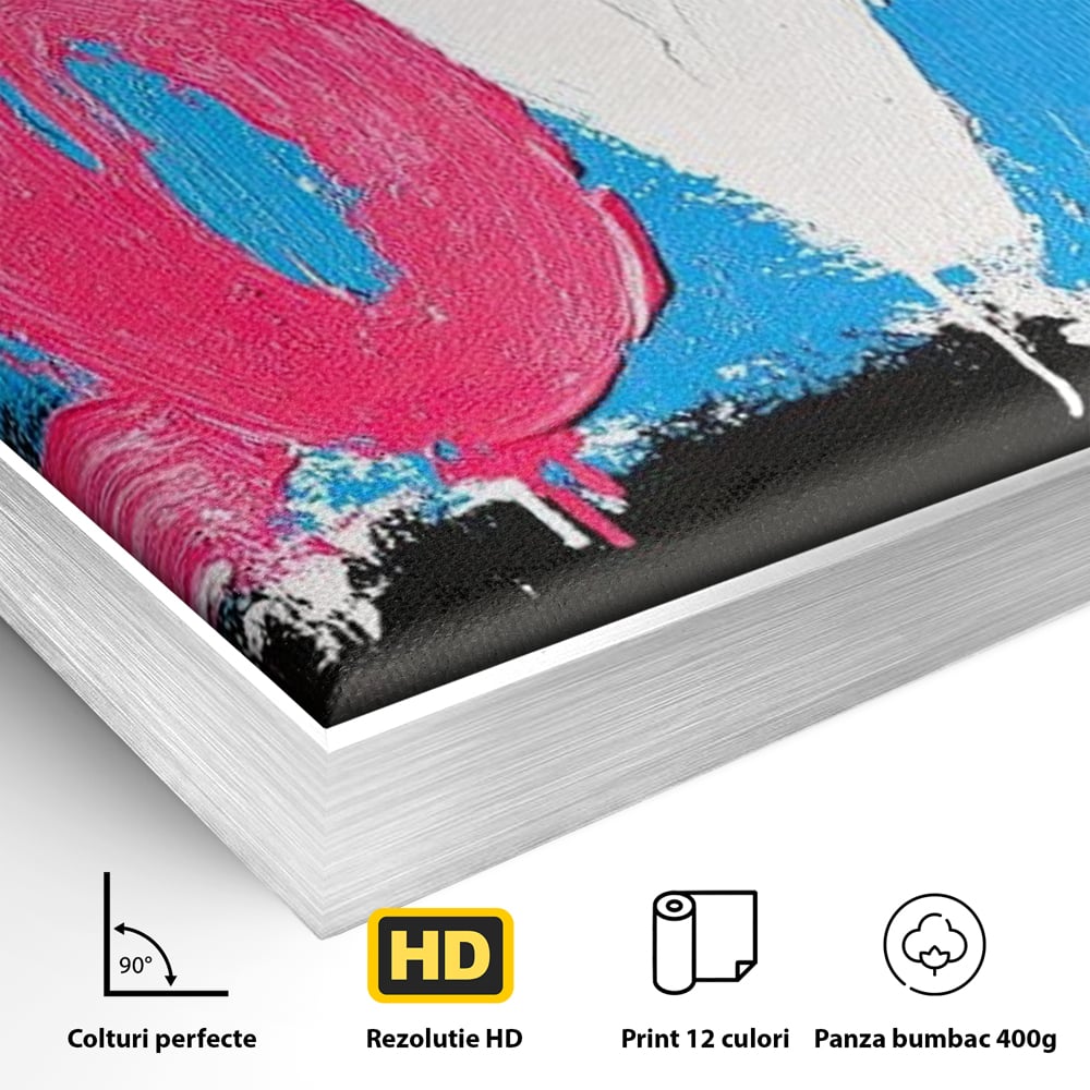 Detaliu al suprafetei: tablou canvas cu mesajul love, in rama de aluminiu argintiu