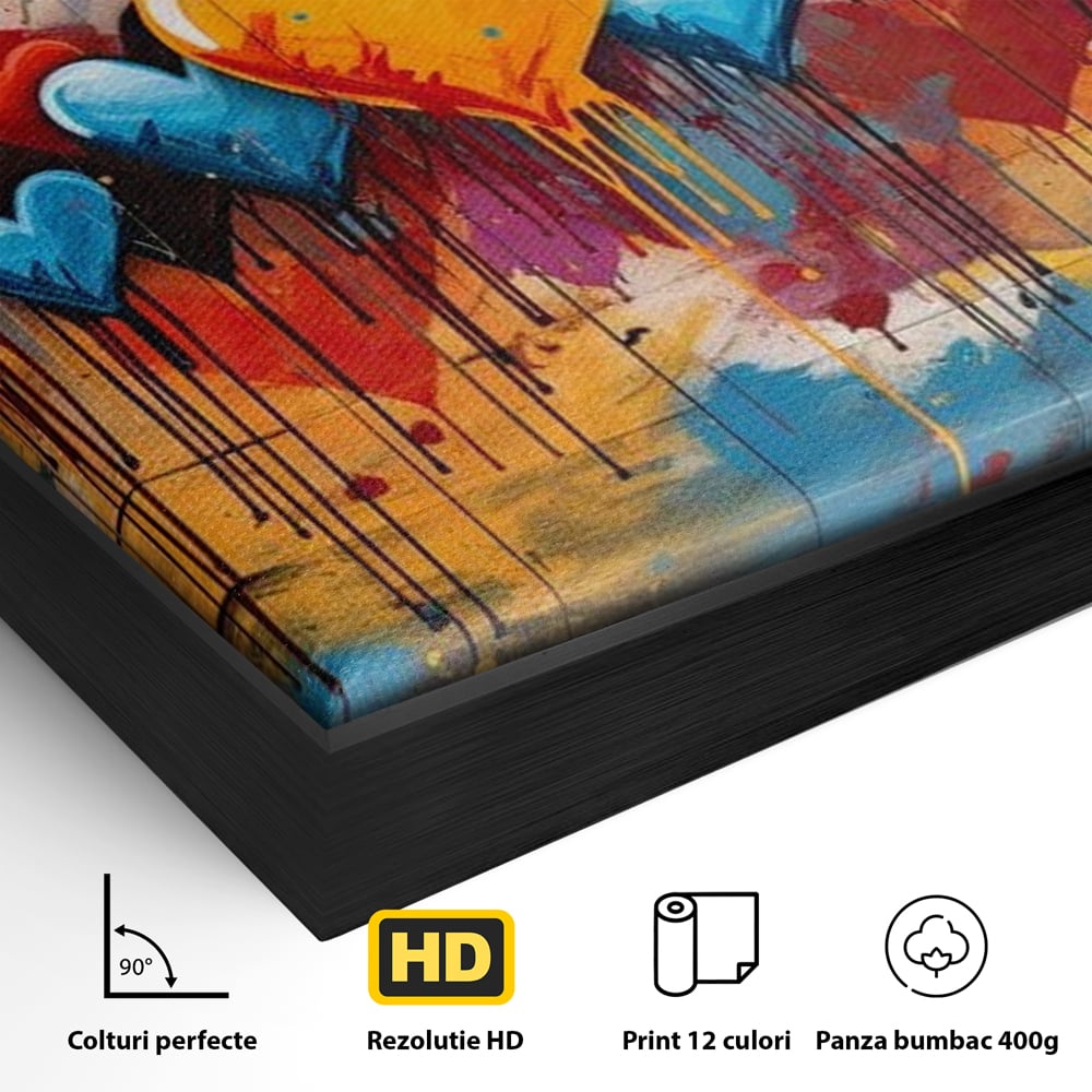 Detaliu al suprafetei: tablou canvas cu inimi colorate, in rama de aluminiu negru