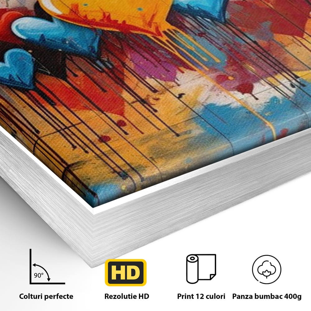 Detaliu al suprafetei: tablou canvas cu inimi colorate, in rama de aluminiu argintiu