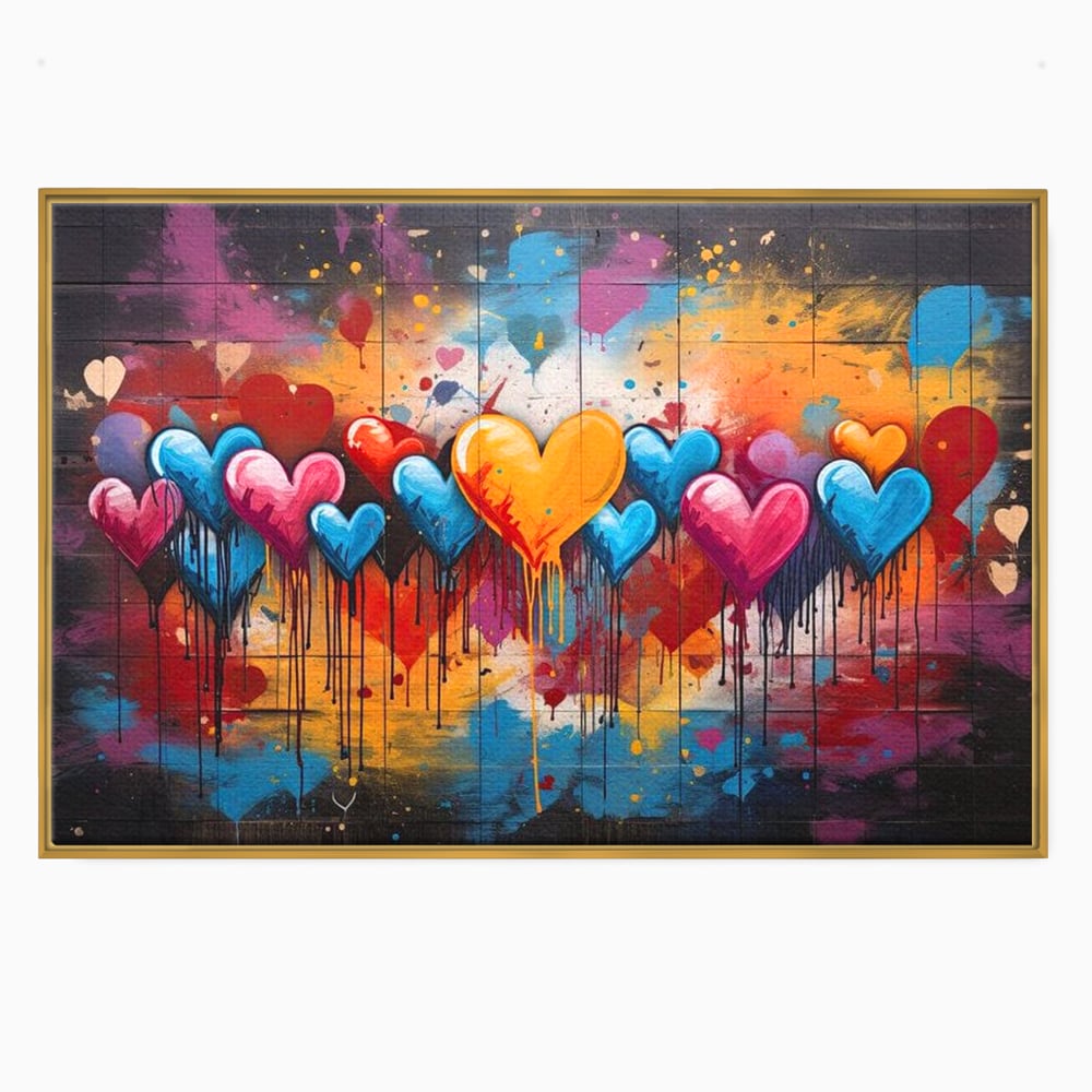 Tablou canvas cu tablou canvas cu inimi colorate, in rama de aluminiu auriu