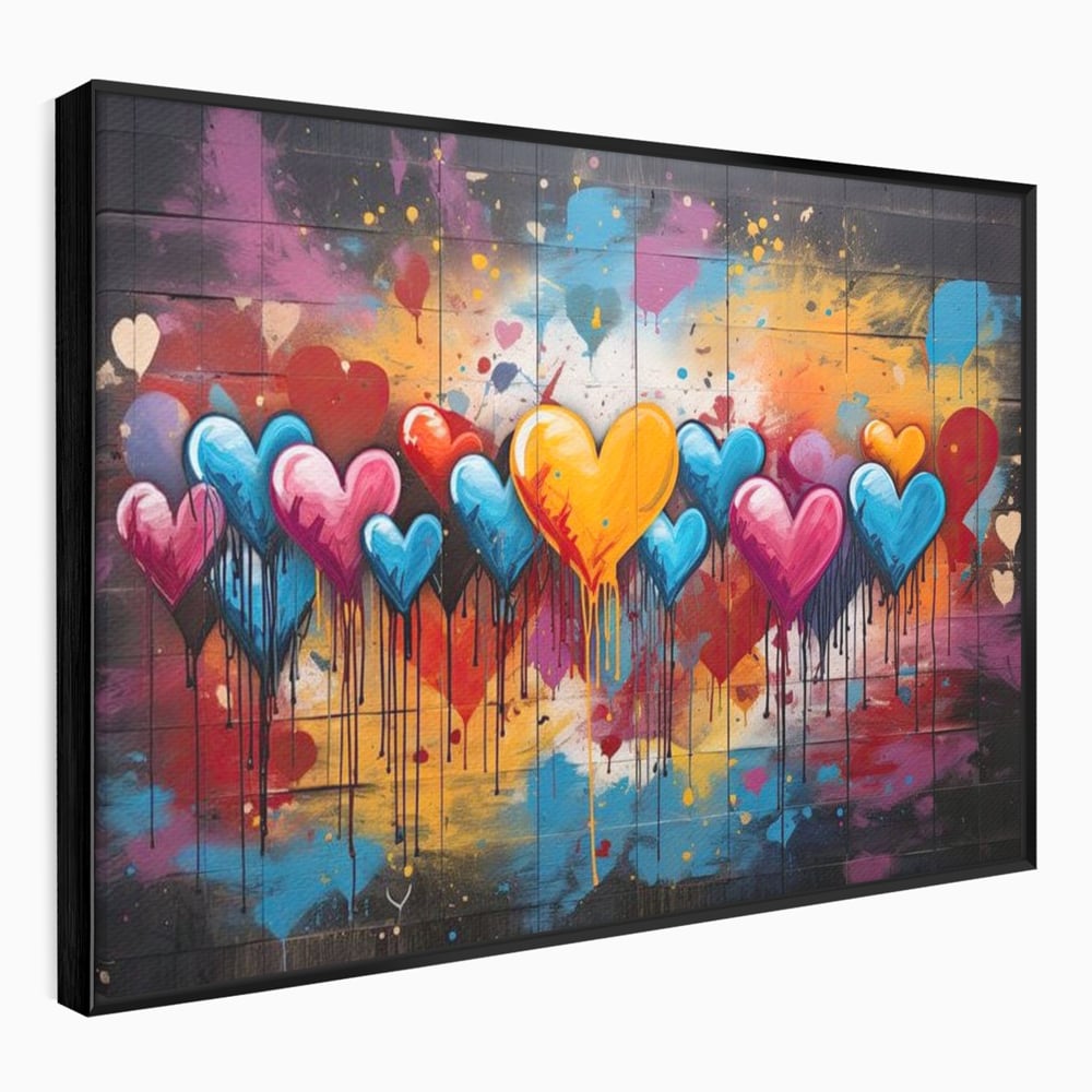 Tablou canvas cu tablou canvas cu inimi colorate, in rama de aluminiu negru
