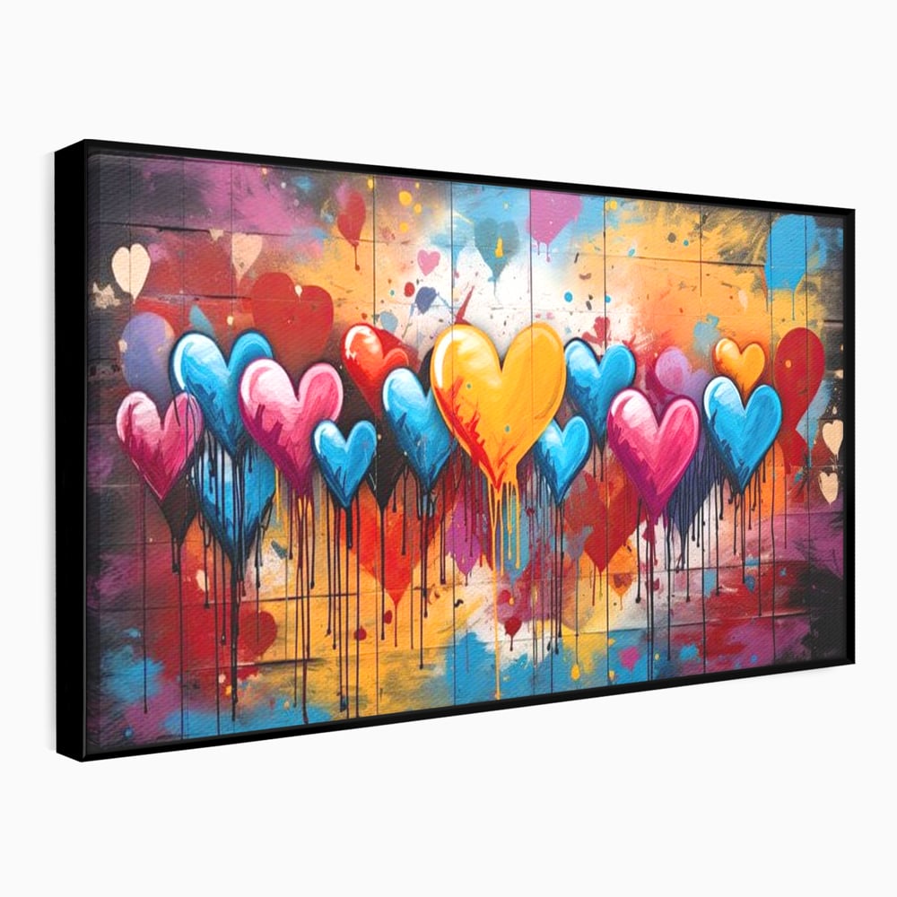 Tablou canvas cu tablou canvas cu inimi colorate, in rama de aluminiu negru