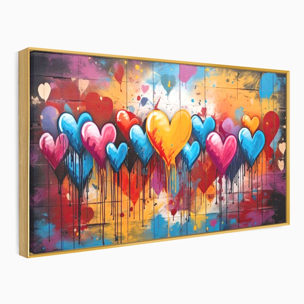 Tablou canvas cu tablou canvas cu inimi colorate, in rama de aluminiu auriu