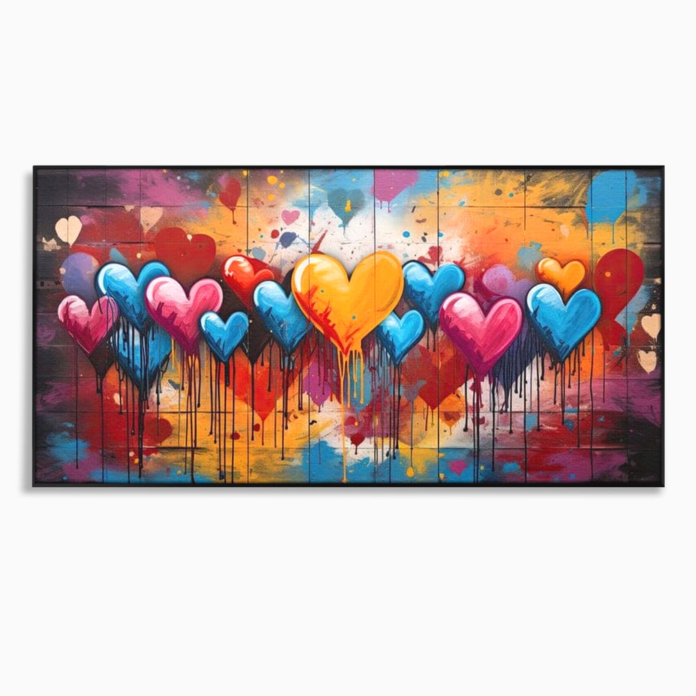 Tablou canvas cu tablou canvas cu inimi colorate, in rama de aluminiu negru