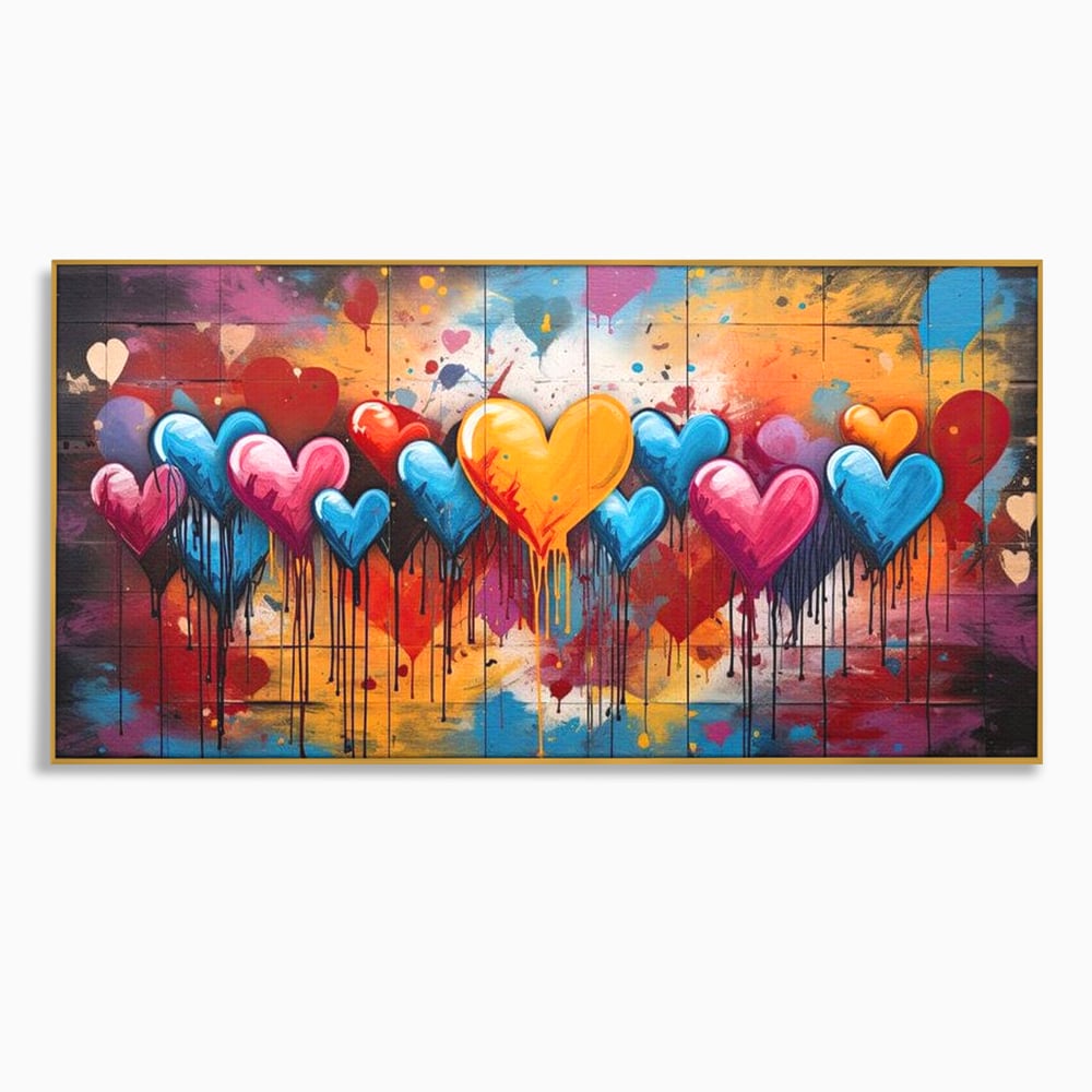 Tablou canvas cu tablou canvas cu inimi colorate, in rama de aluminiu auriu