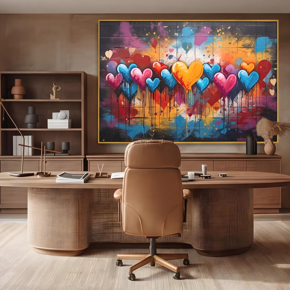 Tablou canvas cu tablou canvas cu inimi colorate, in rama de aluminiu auriu, pe perete intr-un birou