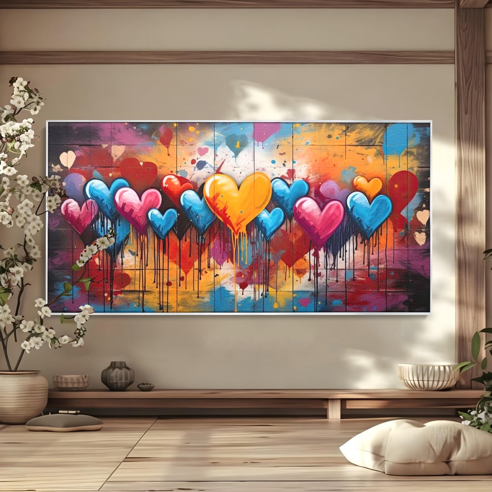 Tablou canvas cu tablou canvas cu inimi colorate, in rama de aluminiu argintiu