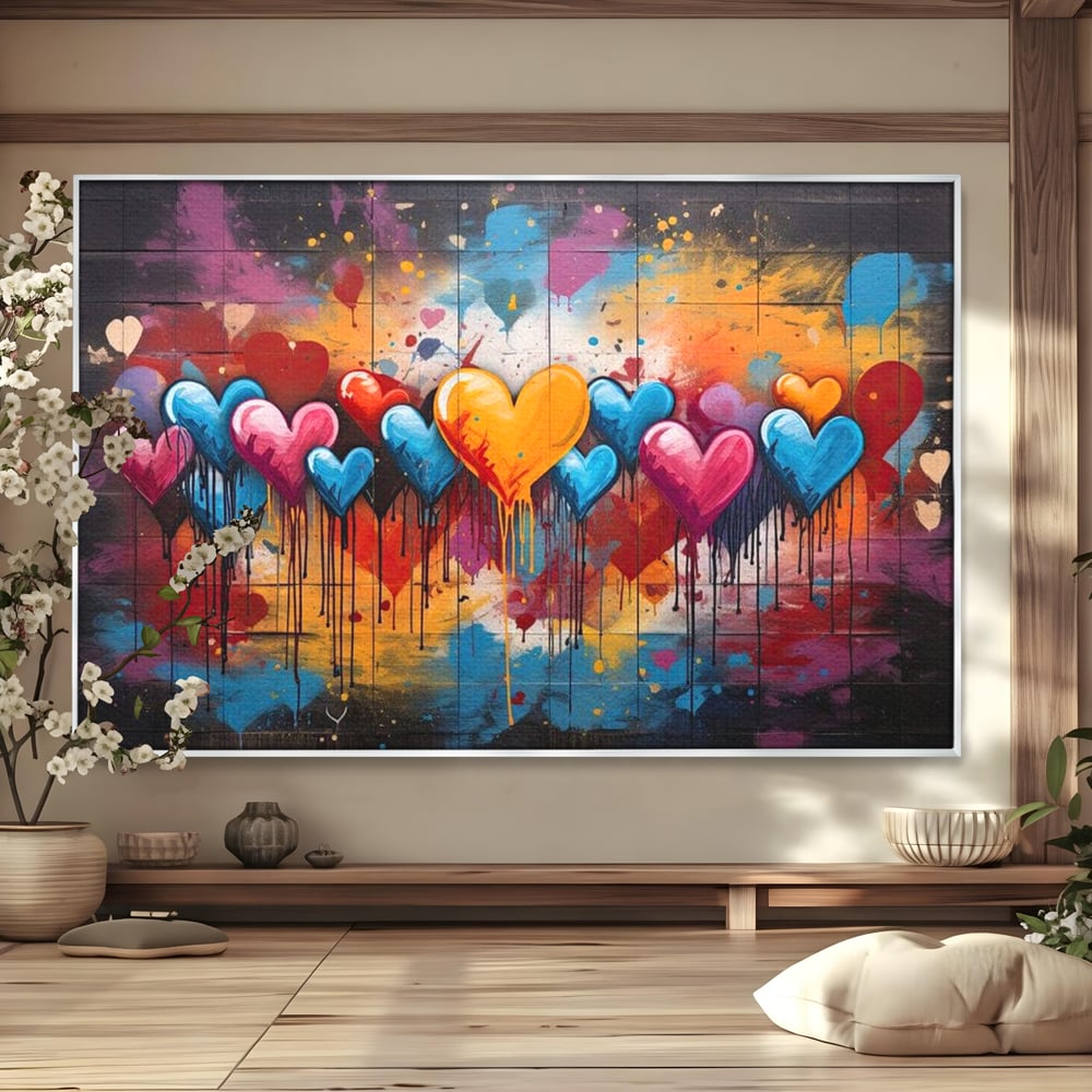Tablou canvas cu tablou canvas cu inimi colorate, in rama de aluminiu argintiu