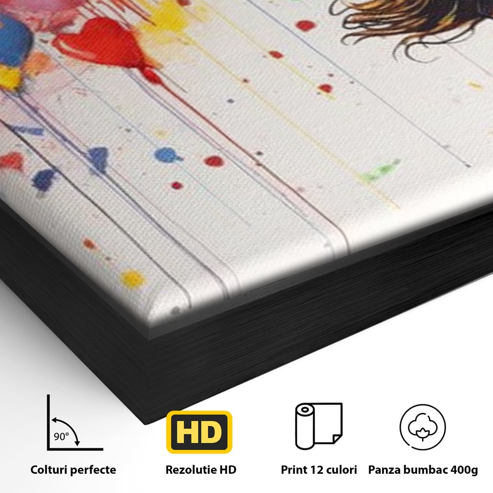 Detaliu al suprafetei: tablou canvas cu fetita si baloane inima, in rama de aluminiu negru