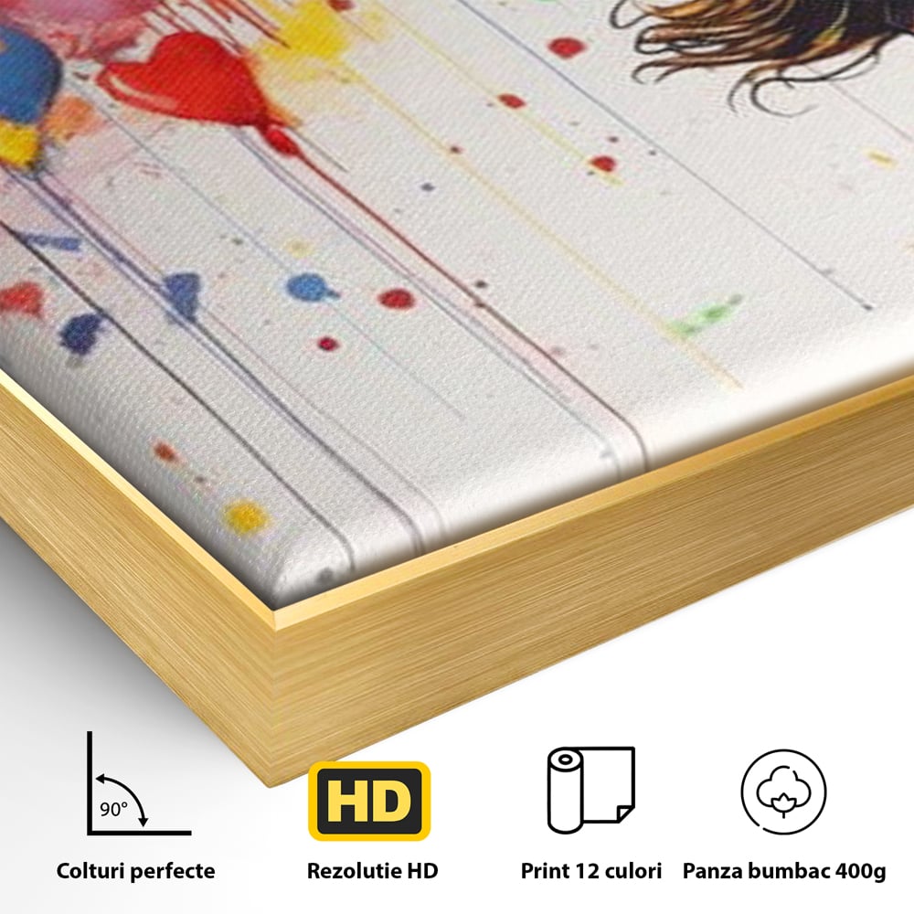 Detaliu al suprafetei: tablou canvas cu fetita si baloane inima, in rama de aluminiu auriu