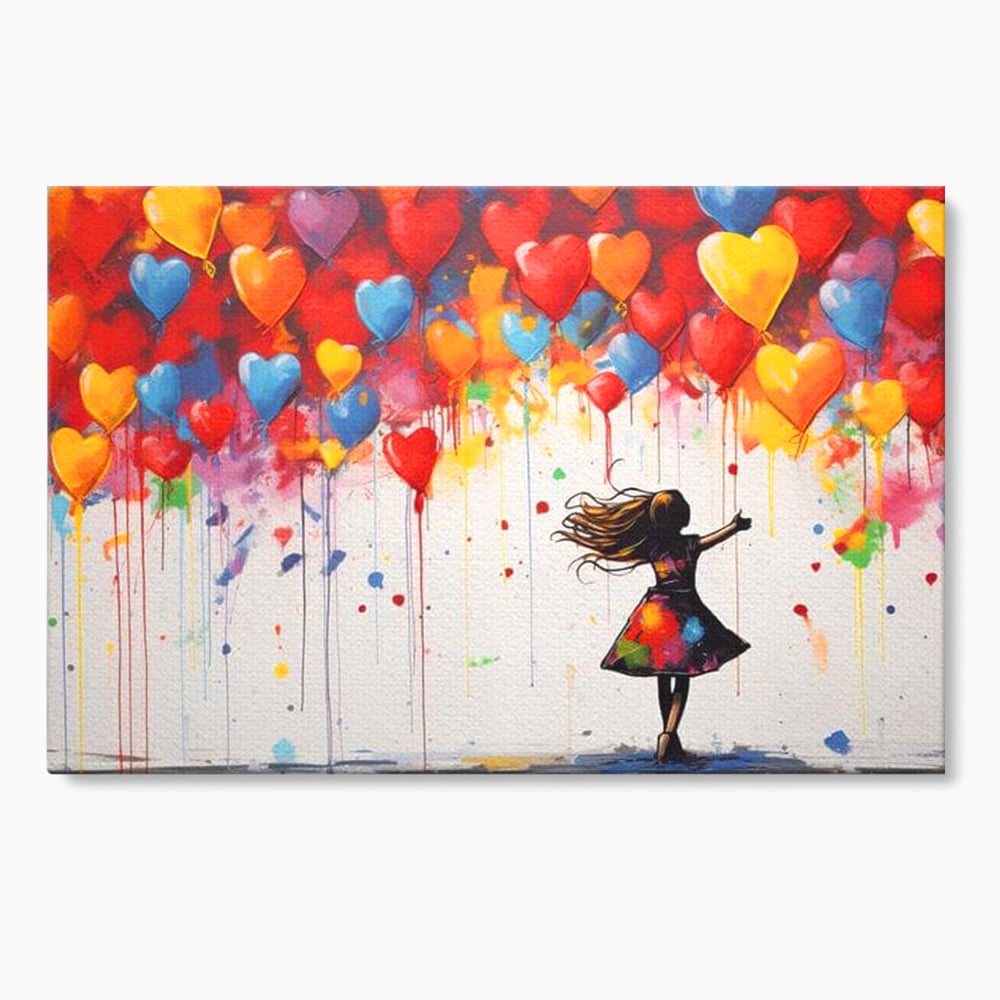 Tablou canvas cu tablou canvas cu fetita si baloane inima, fara rama, pe sasiu de lemn