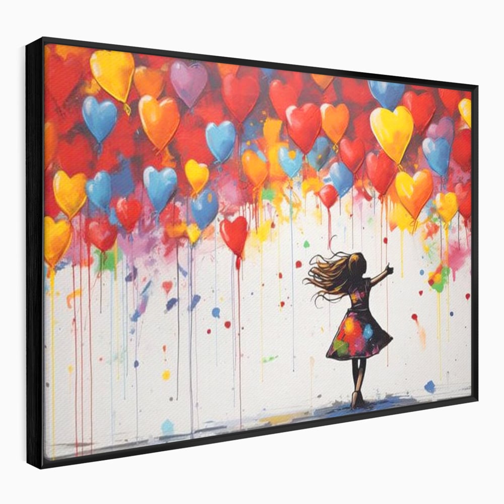 Tablou canvas cu tablou canvas cu fetita si baloane inima, in rama de aluminiu negru