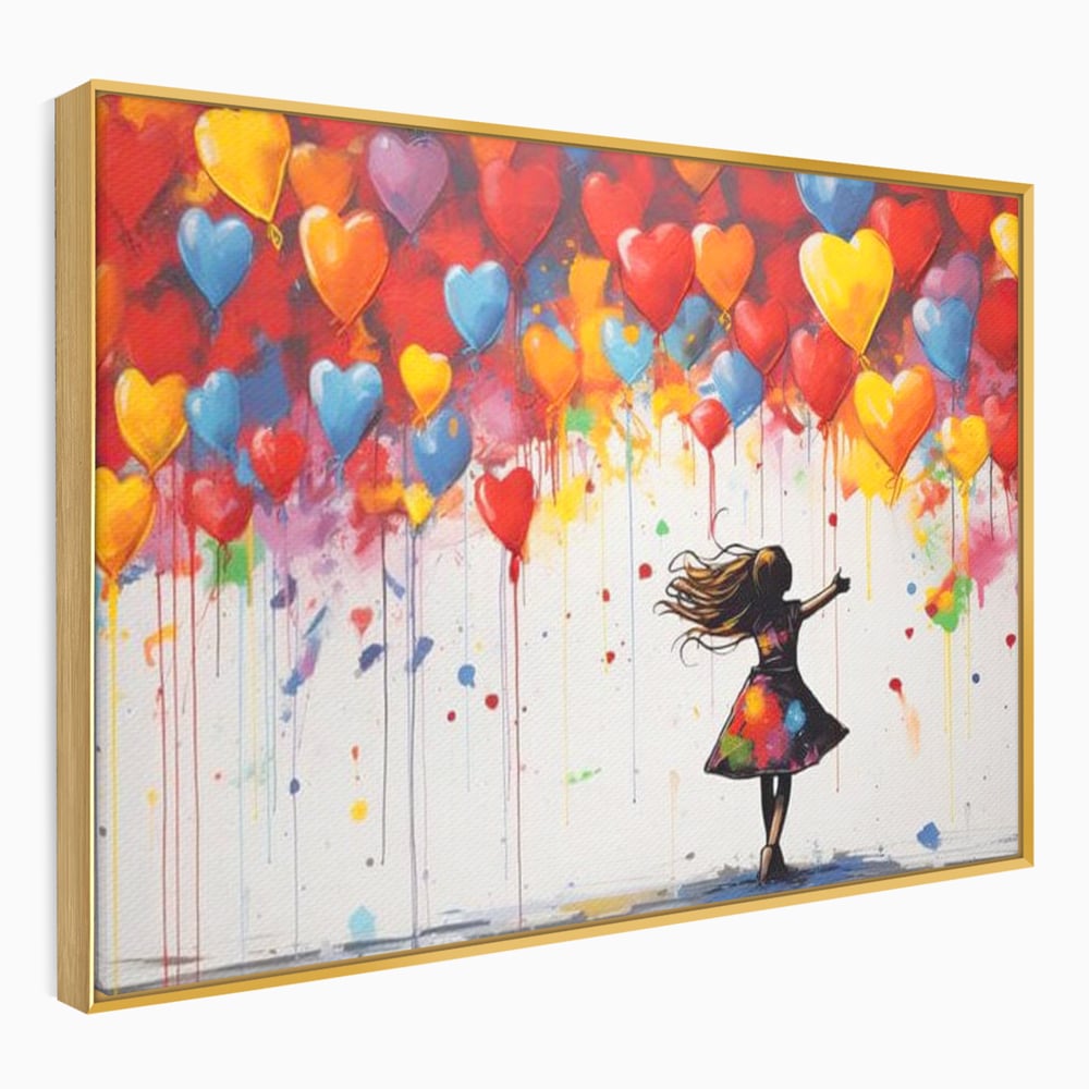 Tablou canvas cu tablou canvas cu fetita si baloane inima, in rama de aluminiu auriu