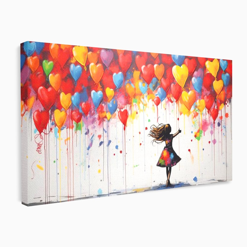 Tablou canvas cu tablou canvas cu fetita si baloane inima, fara rama, pe sasiu de lemn