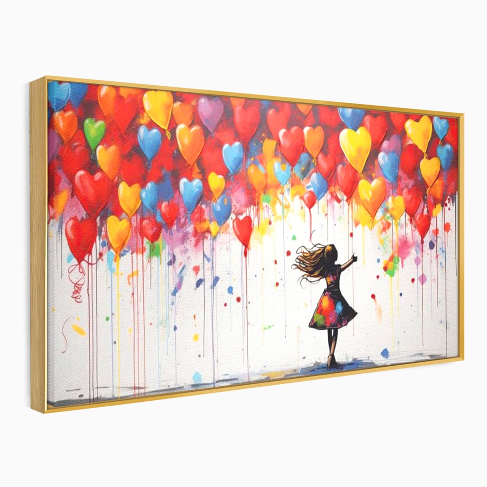 Tablou canvas cu tablou canvas cu fetita si baloane inima, in rama de aluminiu auriu