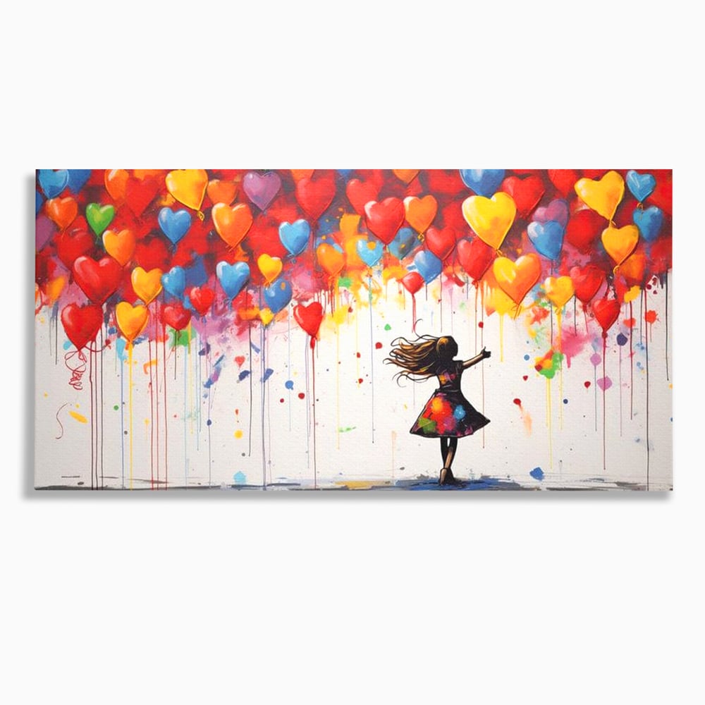 Tablou canvas cu tablou canvas cu fetita si baloane inima, fara rama, pe sasiu de lemn