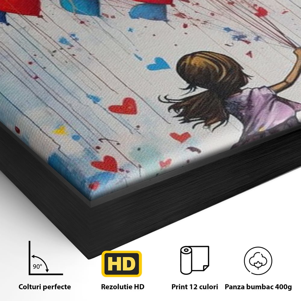 Detaliu al suprafetei: tablou canvas cu fetita si baloane in forma de inima, in rama de aluminiu negru