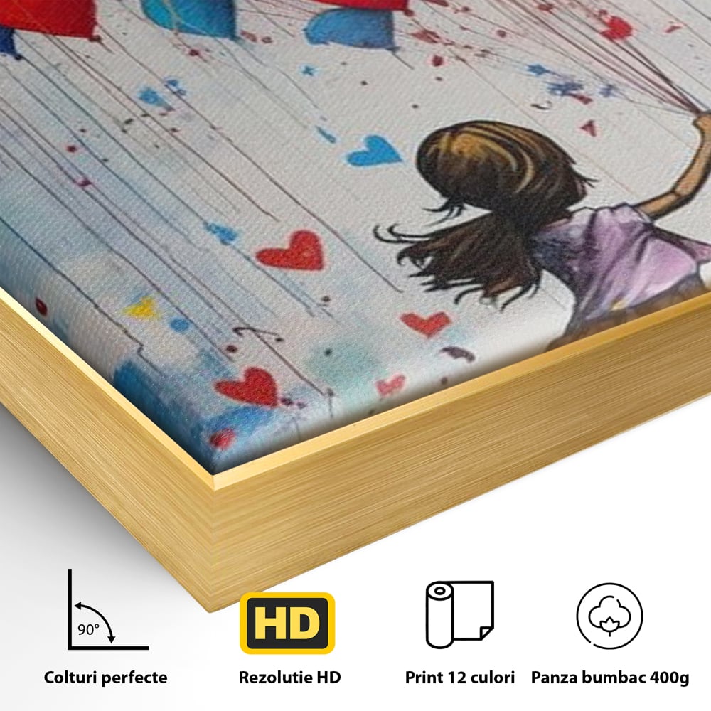 Detaliu al suprafetei: tablou canvas cu fetita si baloane in forma de inima, in rama de aluminiu auriu