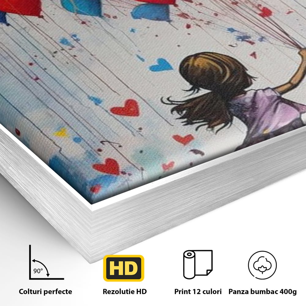 Detaliu al suprafetei: tablou canvas cu fetita si baloane in forma de inima, in rama de aluminiu argintiu