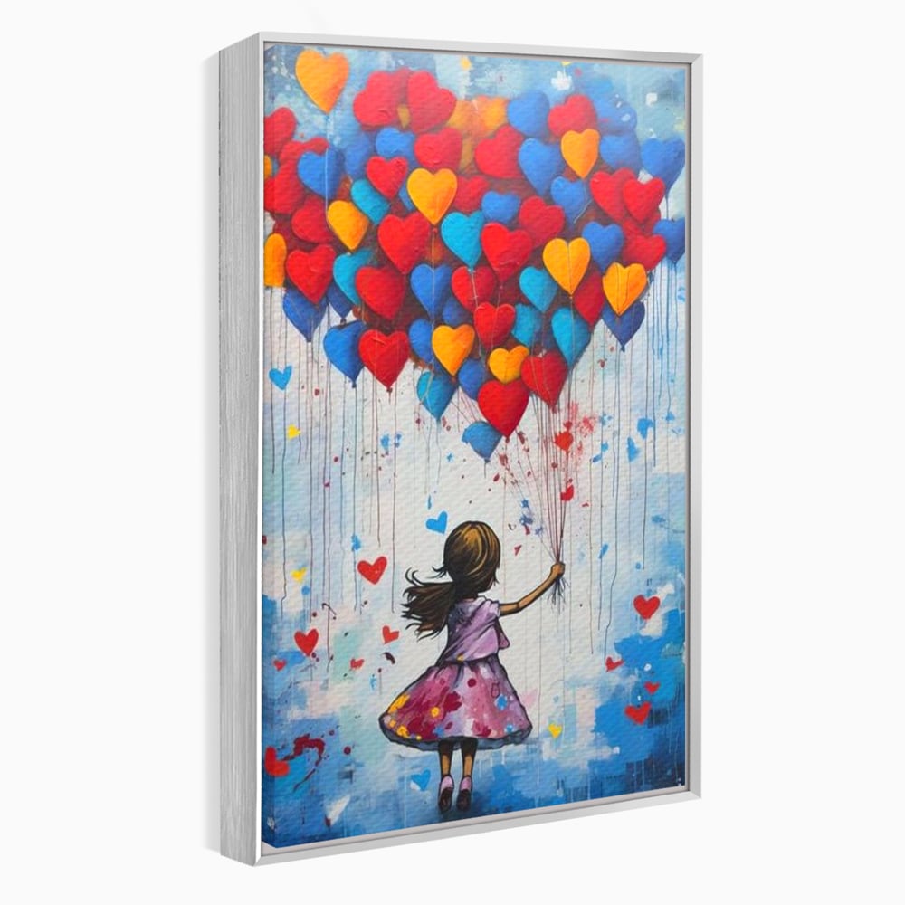 Tablou canvas cu tablou canvas cu fetita si baloane in forma de inima, in rama de aluminiu argintiu