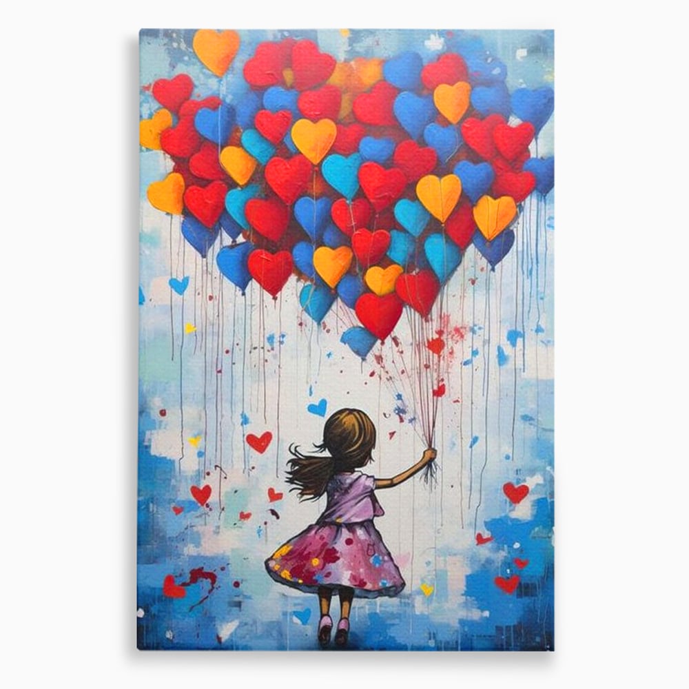 Tablou canvas cu tablou canvas cu fetita si baloane in forma de inima, fara rama, pe sasiu de lemn