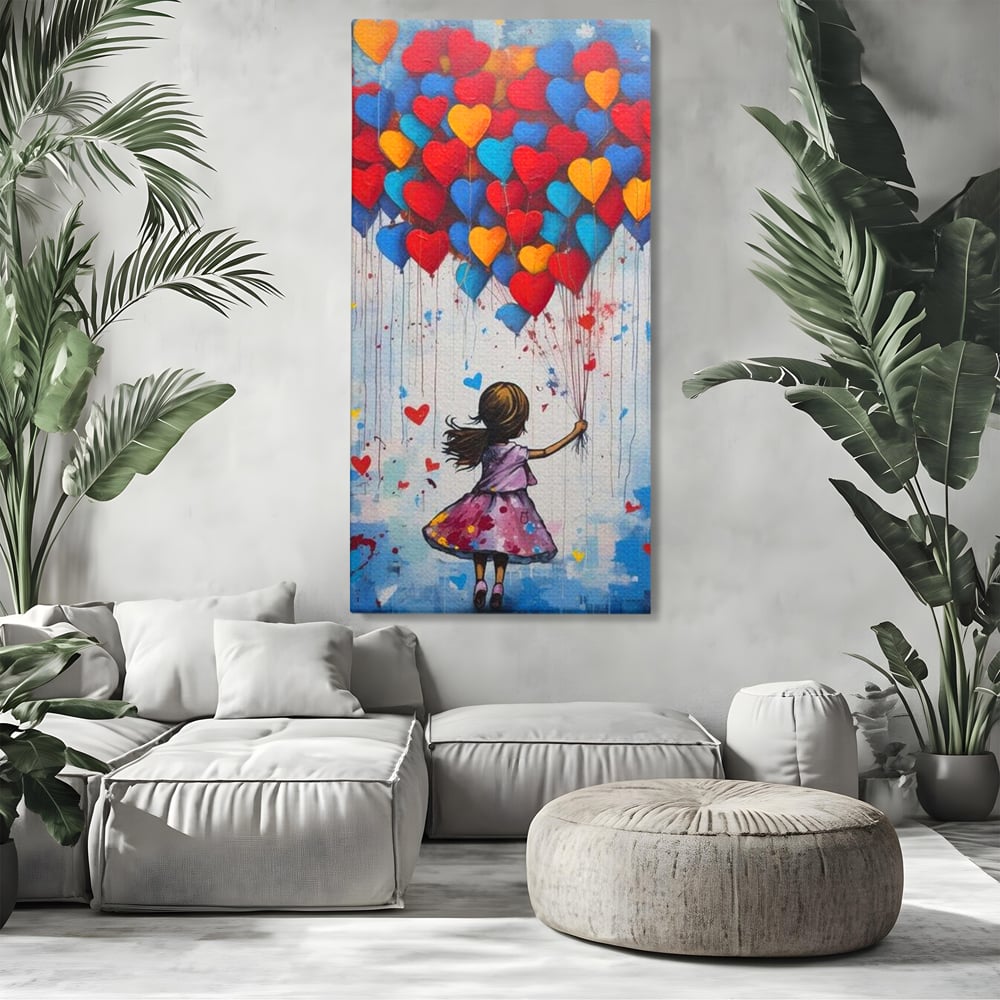 Tablou canvas cu tablou canvas cu fetita si baloane in forma de inima, fara rama, pe sasiu de lemn, pe perete intr-un living