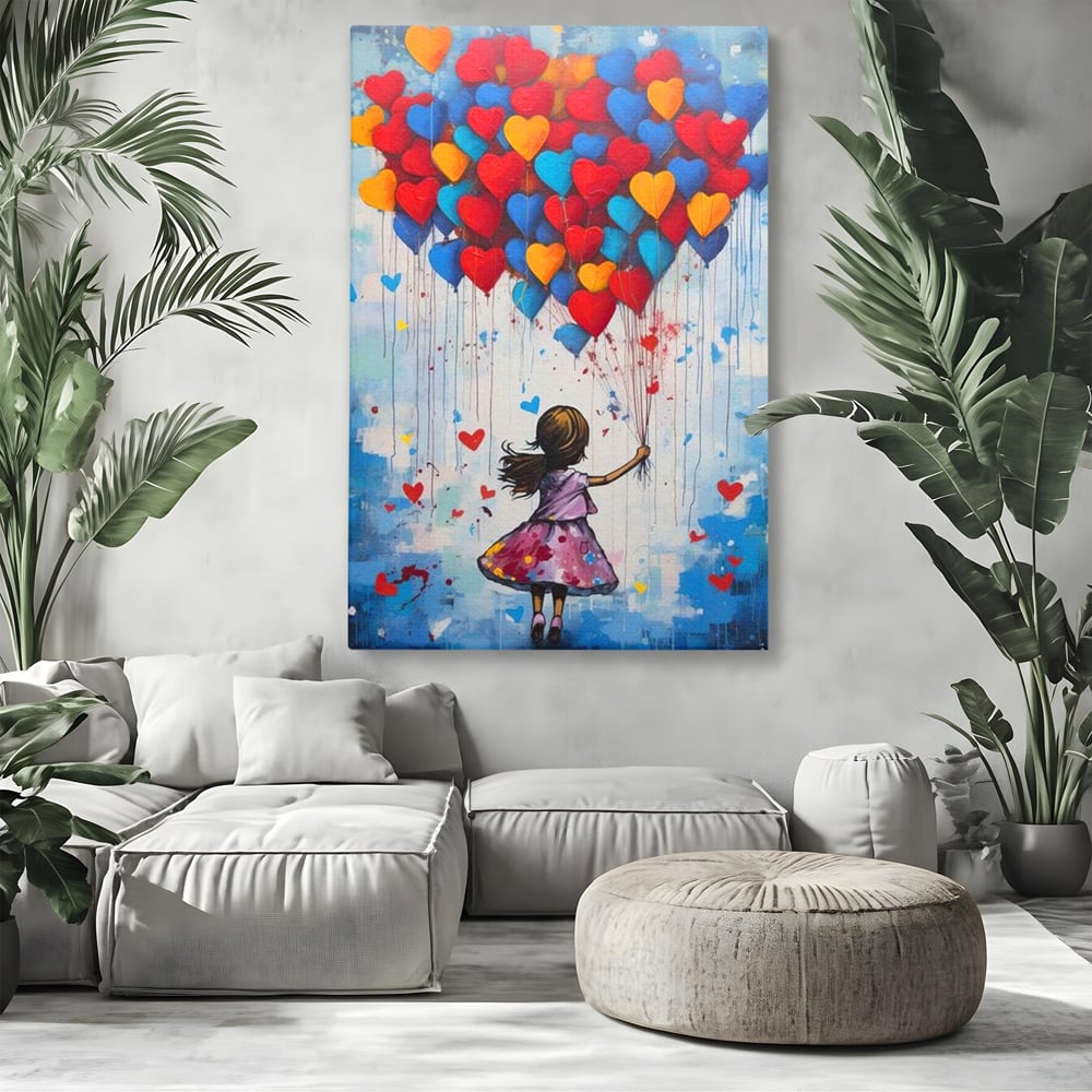 Tablou canvas cu tablou canvas cu fetita si baloane in forma de inima, fara rama, pe sasiu de lemn, pe perete intr-un living