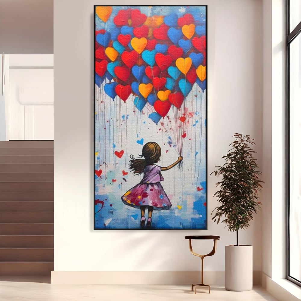 Tablou canvas cu tablou canvas cu fetita si baloane in forma de inima, in rama de aluminiu negru