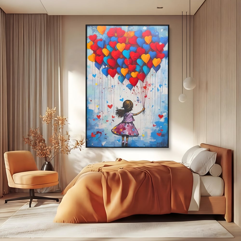 Tablou canvas cu tablou canvas cu fetita si baloane in forma de inima, in rama de aluminiu negru, pe perete intr-un dormitor